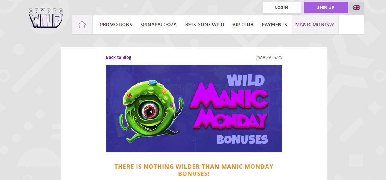 CryptoWild Casino Reviews - Manic Monday bonus