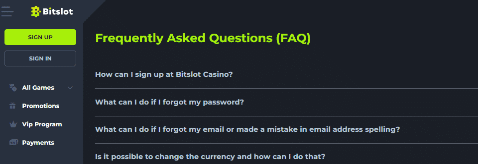 Bitslot Casino FAQ Support