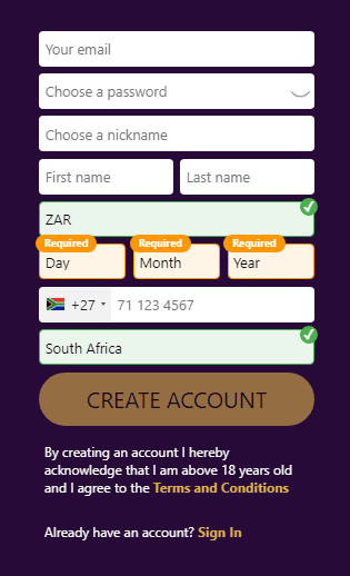 Zar Casino SignUp Process