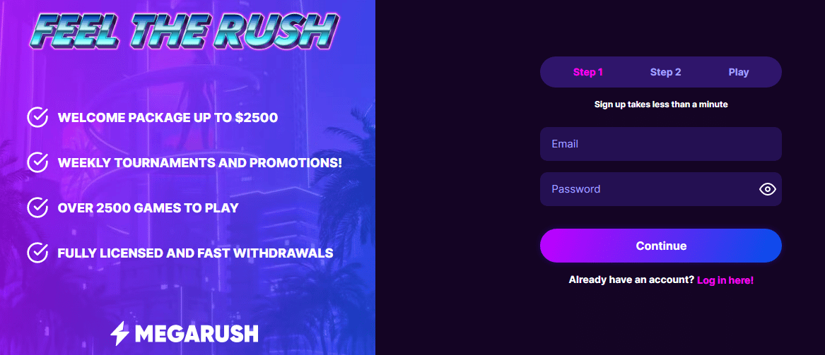 MegaRush Casino Sign Up Process