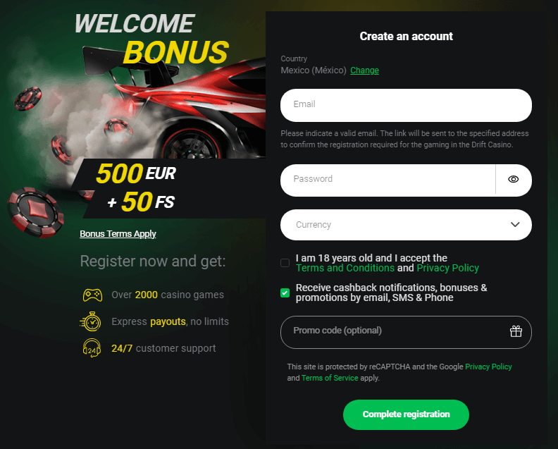 Drift Casino Sign Up Process