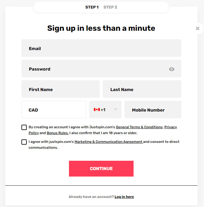 JustSpin Casino Sign Up Process