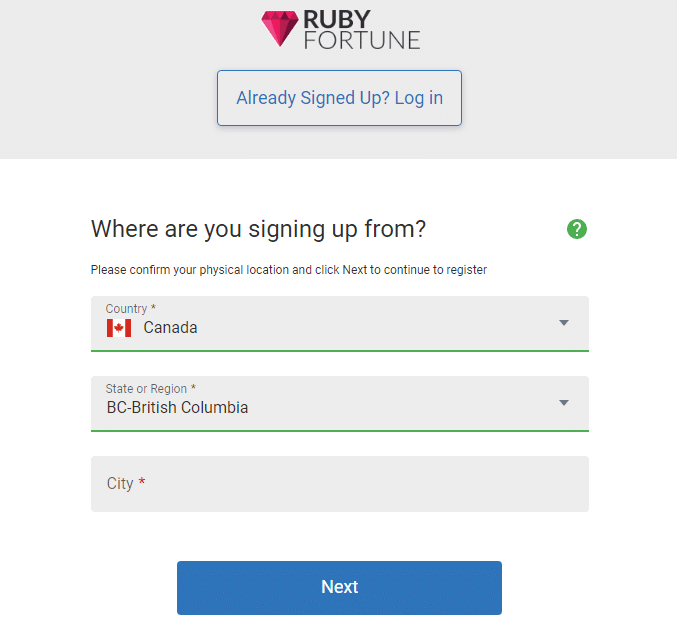 Ruby Fortune Casino Sign Up Process