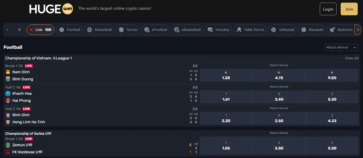Hugewin Live Sports Betting Interface