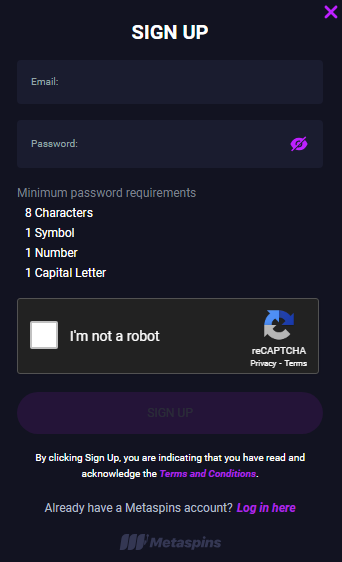 Metaspins Sign Up Process