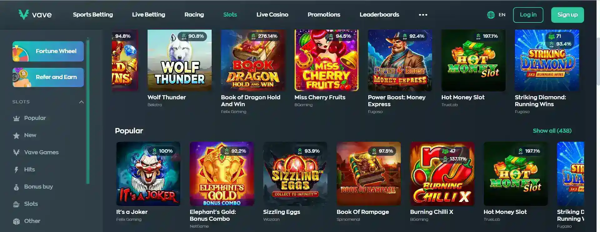 Vave casino slot games