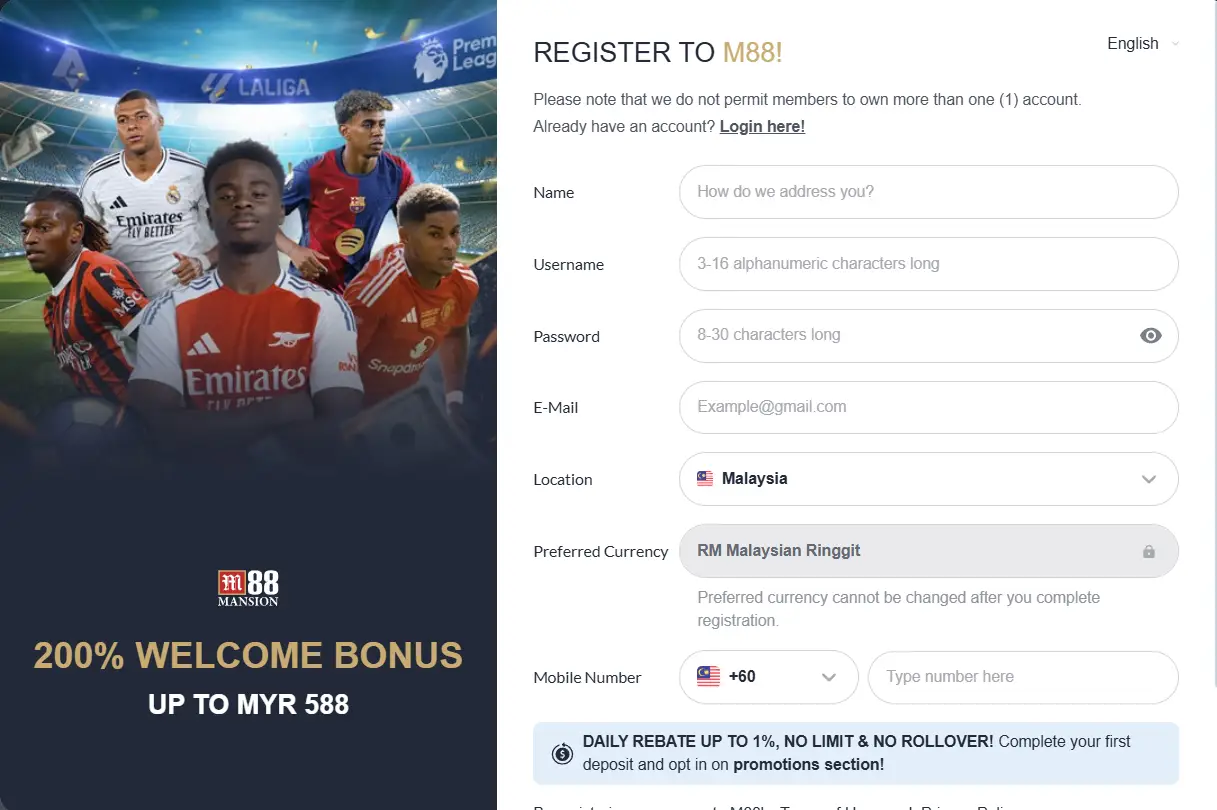 M88 Casino Registration Form