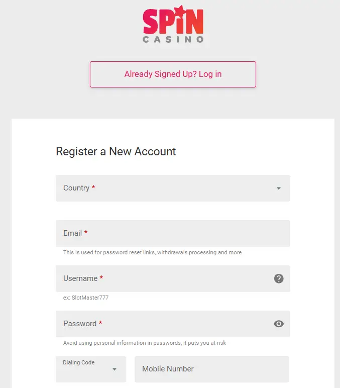 Spin Palace Registration Process