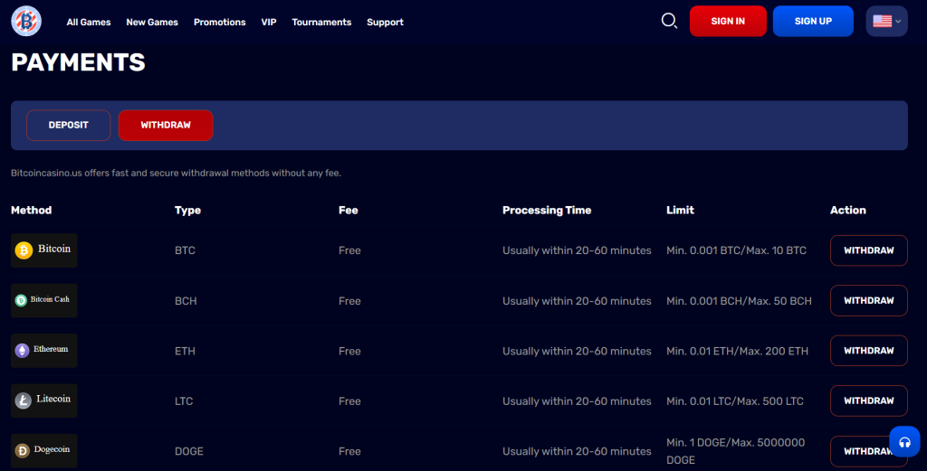 Bitcoincasino US Withdrawals Interface Webp